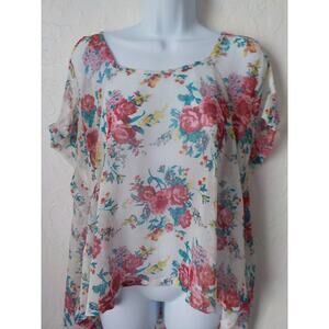 Millau Chiffon White Pink Floral Top Cold Shoulder Short Sleeves Size Small